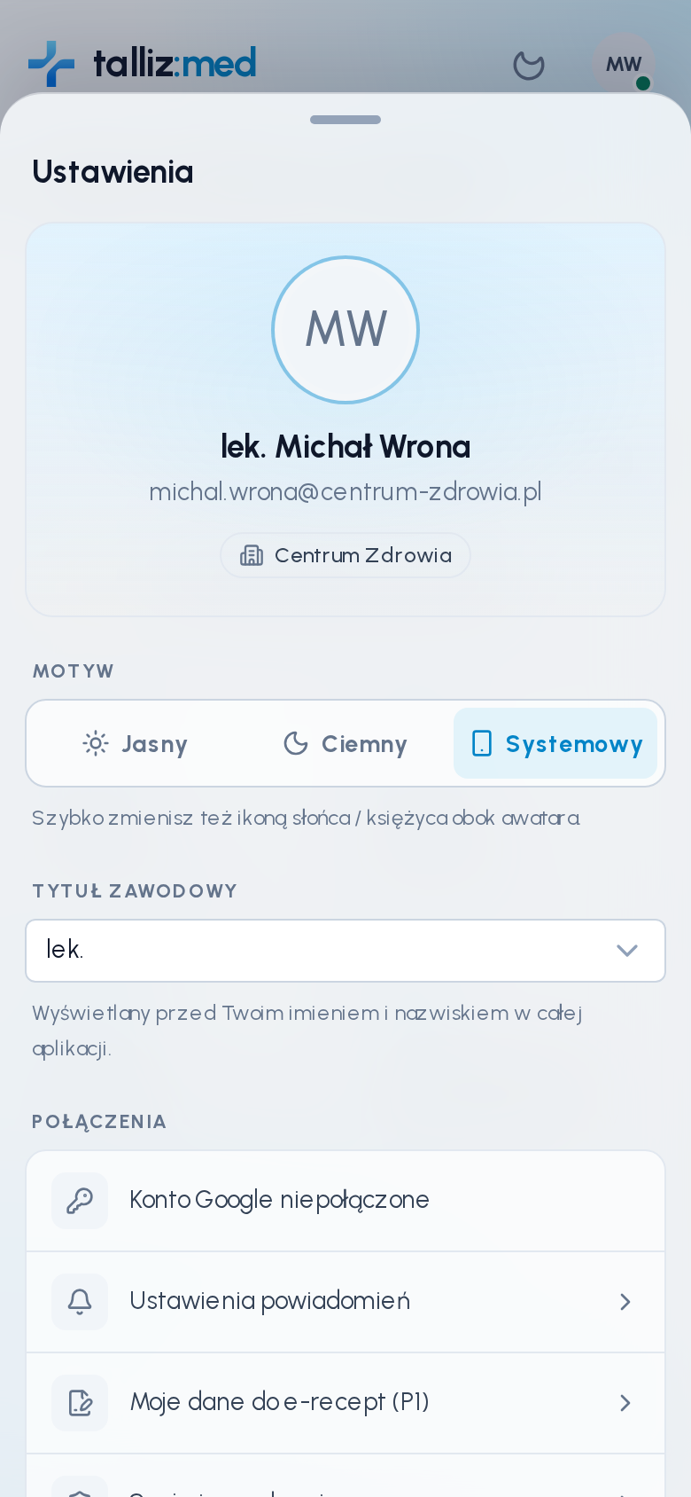 Panel Ustawienia w aplikacji mobilnej