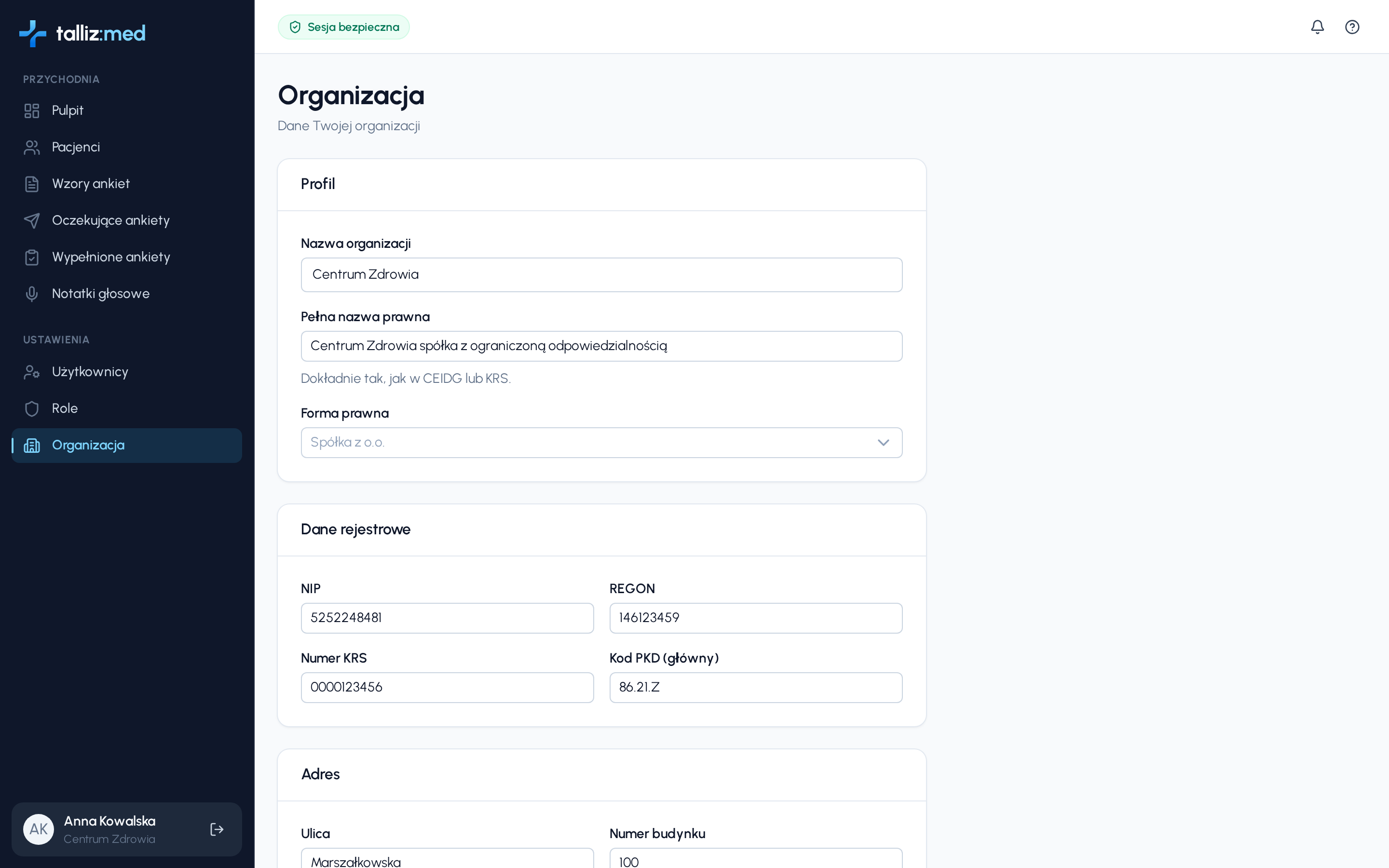 Ustawienia organizacji