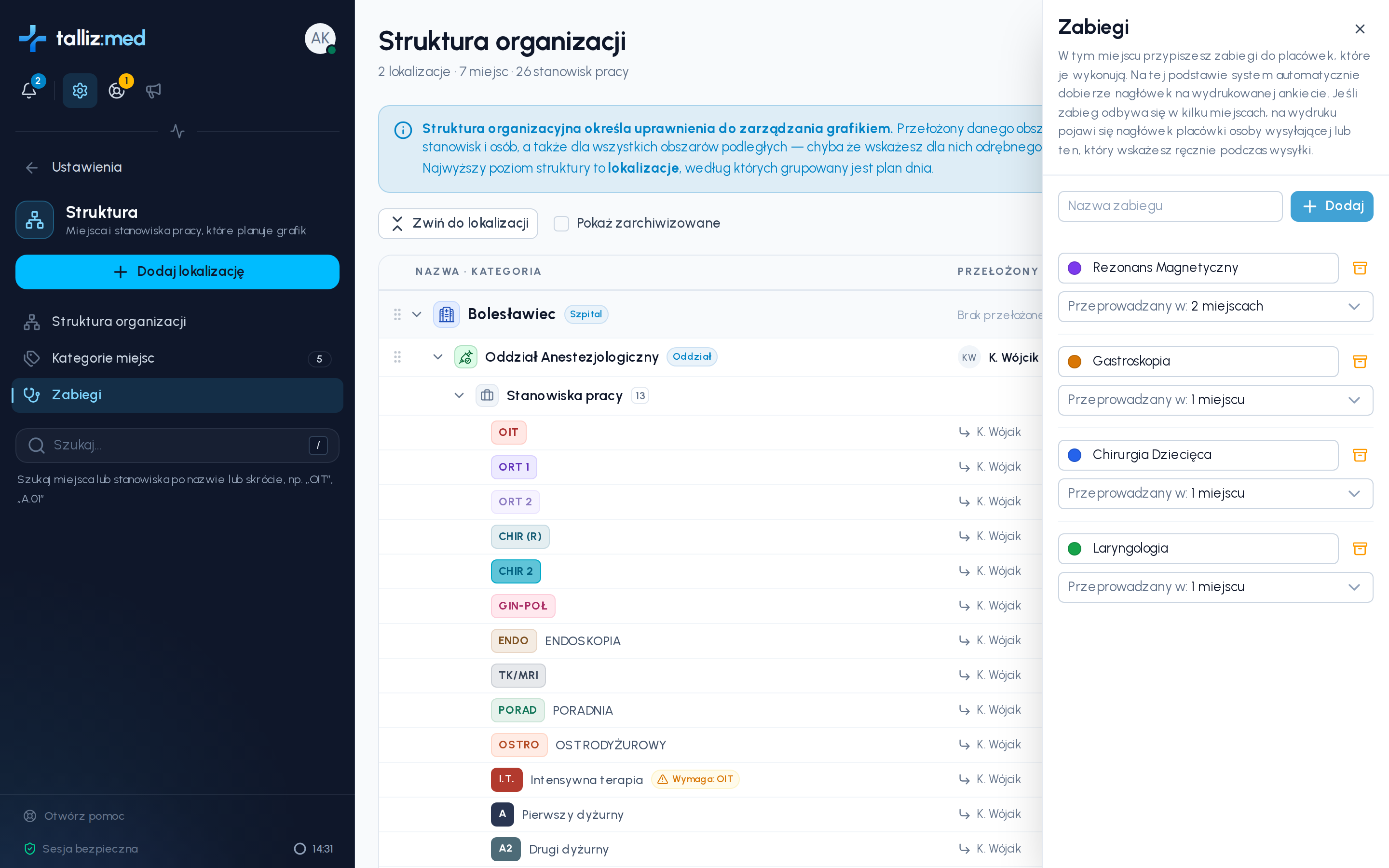 Panel Zabiegi w strukturze organizacji