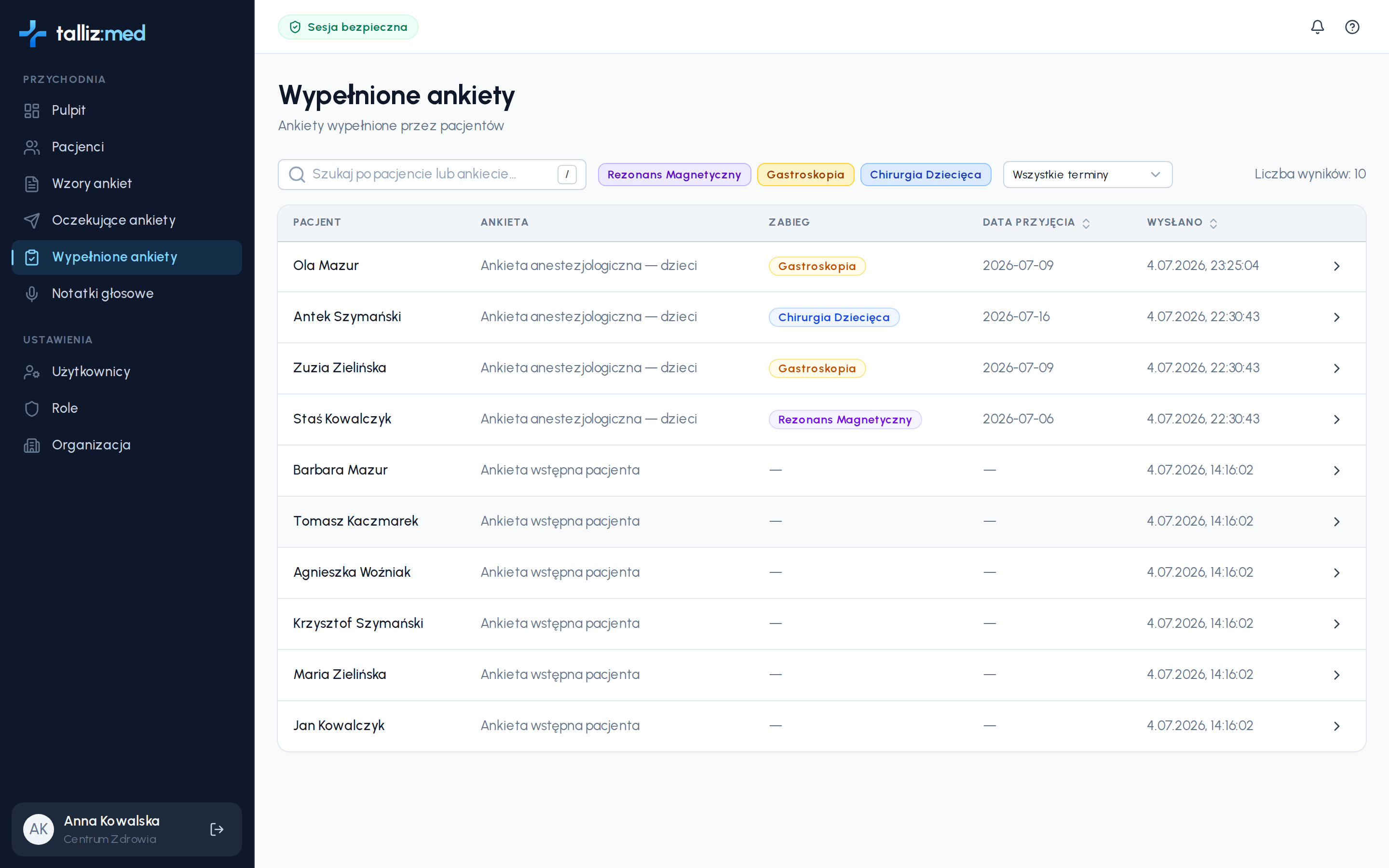 Lista wypełnionych ankiet